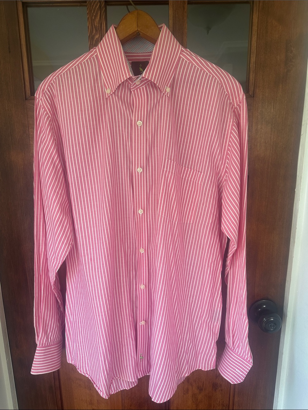 Tailorbyrd Men L Pink White Striped Button Down Dress Shirt 100% Cotton Flamingo